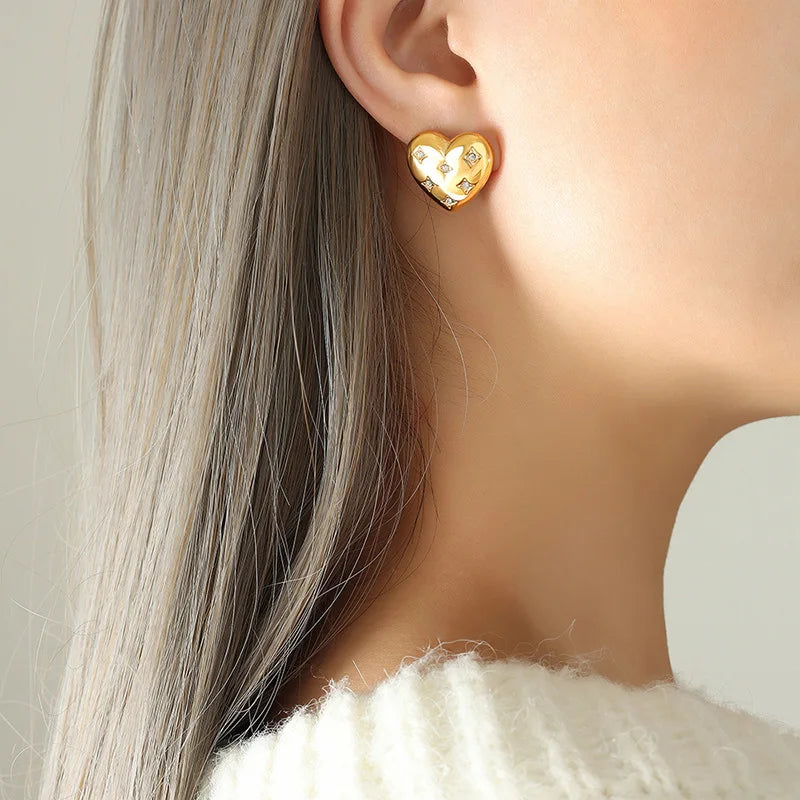 Gold-Plated Heart Earrings with Zircon