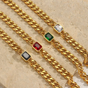 Square Stone Bracelet Cuban Chain 18K Plated Stainless Steel Jewelry