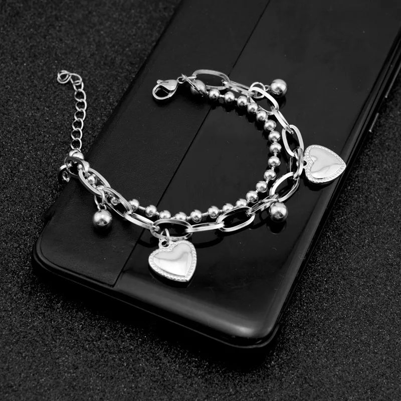 Stainless Steel Love Double Bracelet Men Women Hand-bead Chain Jewelry