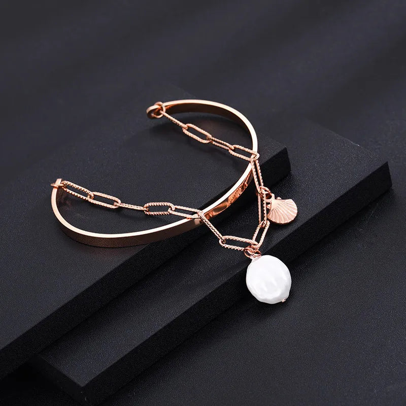 Stainless Steel Rose Scallop Beads Chain Bracelet Women Party Bijoux