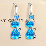 Silver Cat Drop Earrings for Women Girl