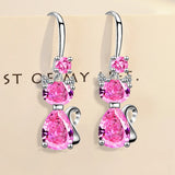 Silver Cat Drop Earrings for Women Girl