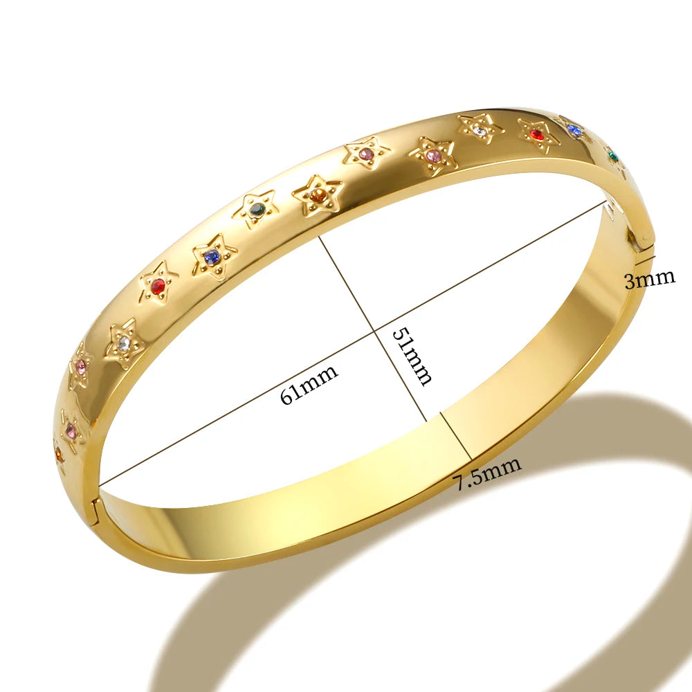 Colorful Stars Zircon Bracelet Stainless Steel Crystal Cuff Bangle