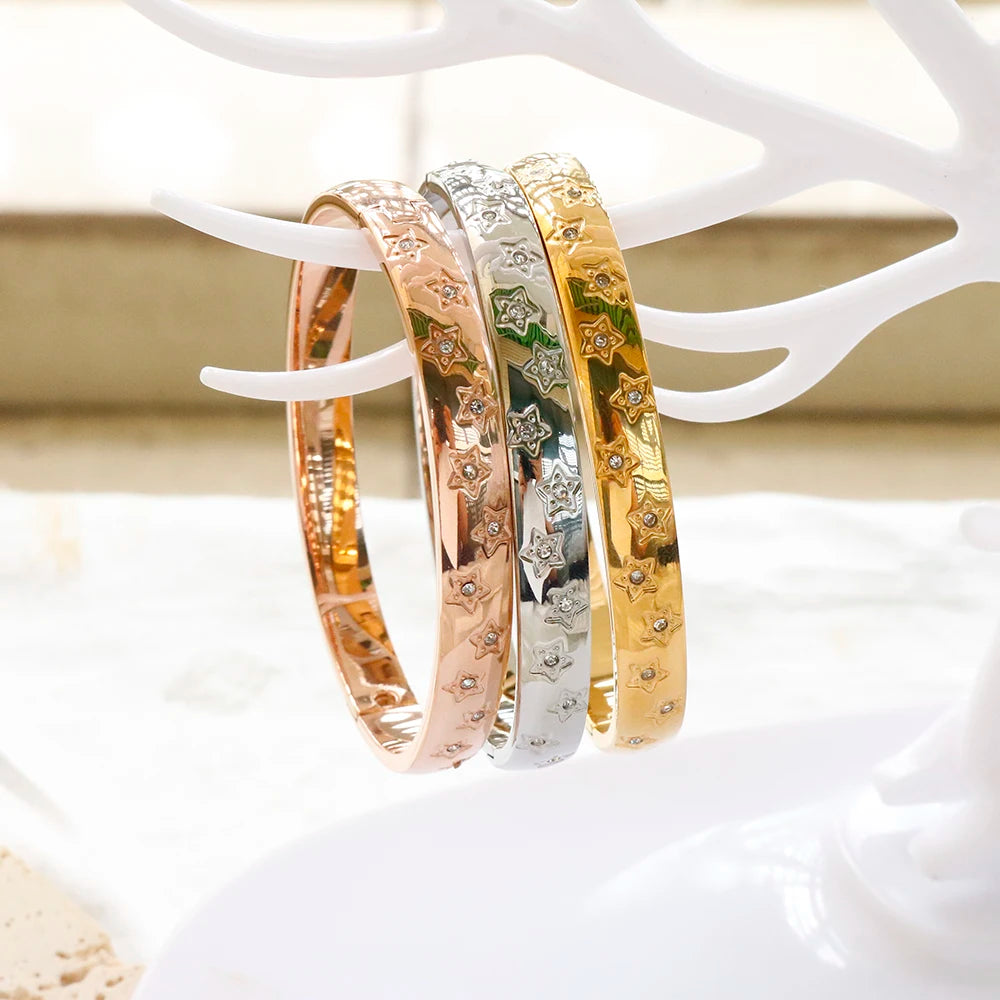 Colorful Stars Zircon Bracelet Stainless Steel Crystal Cuff Bangle