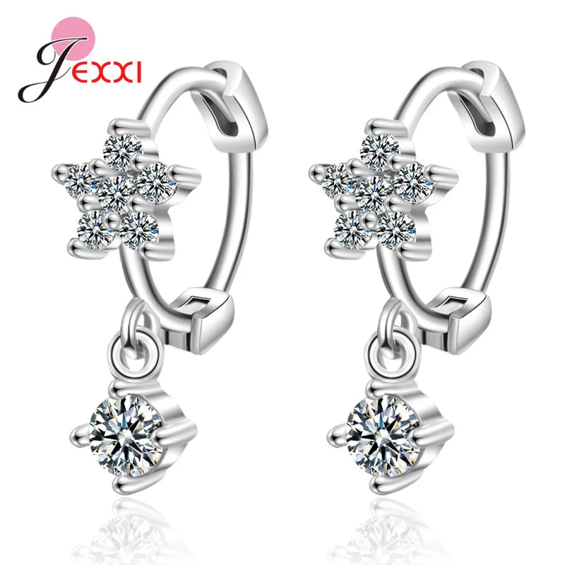 Flower Cubic Zirconia Hoop Earrings 925 Sterling Silver Piercing Ear Hoops