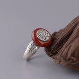 Sterling Silver Fu Character Enamel Agate Peace Buckle Charm Ring