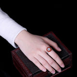 Sterling Silver Fu Character Enamel Agate Peace Buckle Charm Ring