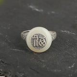 Sterling Silver Fu Character Enamel Agate Peace Buckle Charm Ring