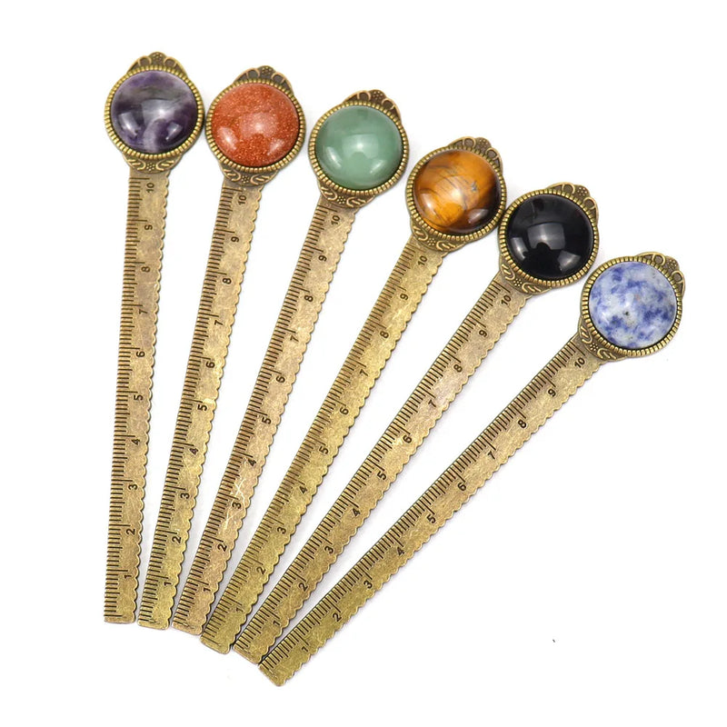 3Pcs/Lots Antique Bronze Retro Ruler Bookmark Tiger Eyes Sodalite Gemstone Gift