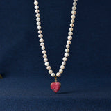 Natural Pearls & Red Heart Pendant Necklace for Women Party