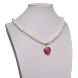 Natural Pearls & Red Heart Pendant Necklace for Women Party