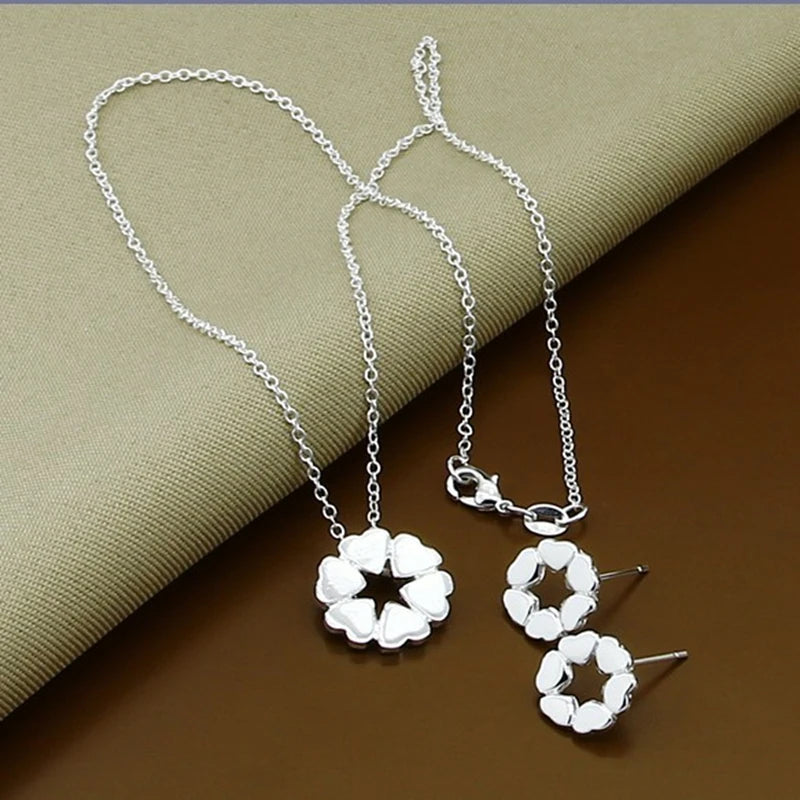 925 Sterling Silver Heart Chain Pendant Necklace Earring Set