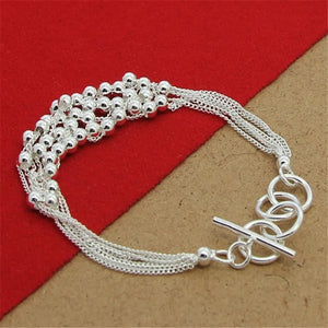 925 Sterling Silver Buckle Beads Multi-Line Bracelet Glossy Charm Jewelry