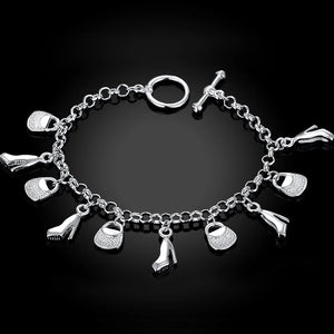 925 Silver High Heel Bag Pendant Bracelet Wedding Jewelry