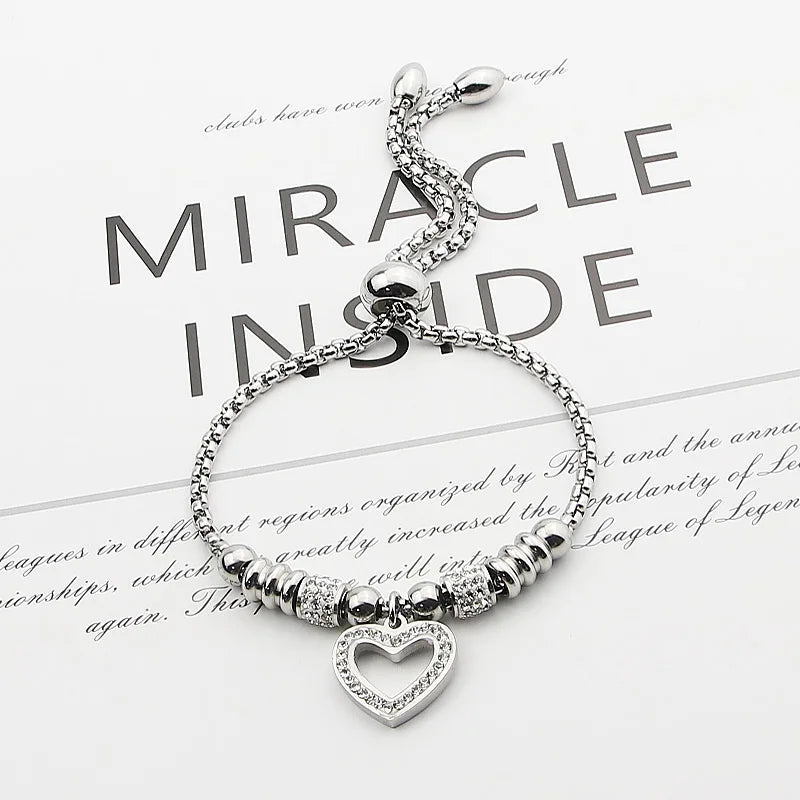 Adjustable Heart Zircon Charm Bracelet Stainless Steel