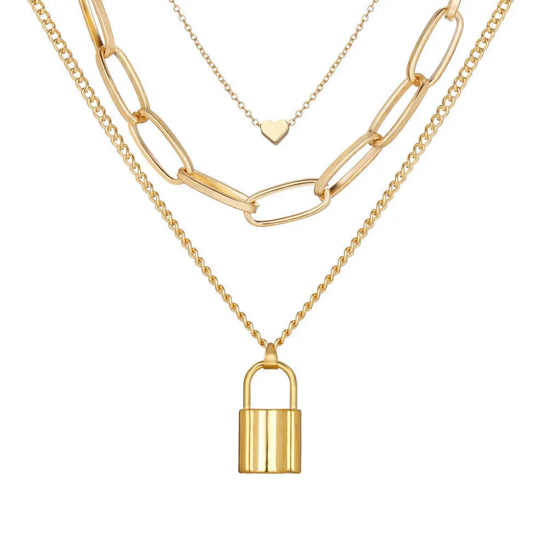 Alloy Heart Lock Pendant Necklace Retro Multi-Layer Necklace