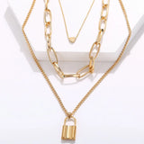 Alloy Heart Lock Pendant Necklace Retro Multi-Layer