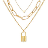 Alloy Heart Lock Pendant Necklace Retro Multi-Layer