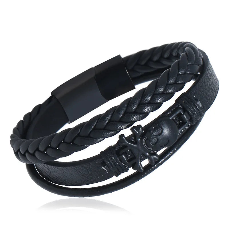 Stainless Steel Magnet Buckle Leather Bracelet Skull Woven Bracelet