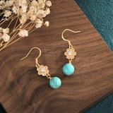 Retro Turquoise Drop Earrings with Zircon Inlay