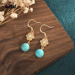 Retro Turquoise Drop Earrings with Zircon Inlay