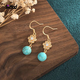 Retro Turquoise Drop Earrings with Zircon Inlay