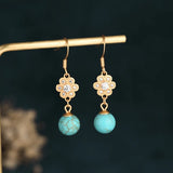 Retro Turquoise Drop Earrings with Zircon Inlay
