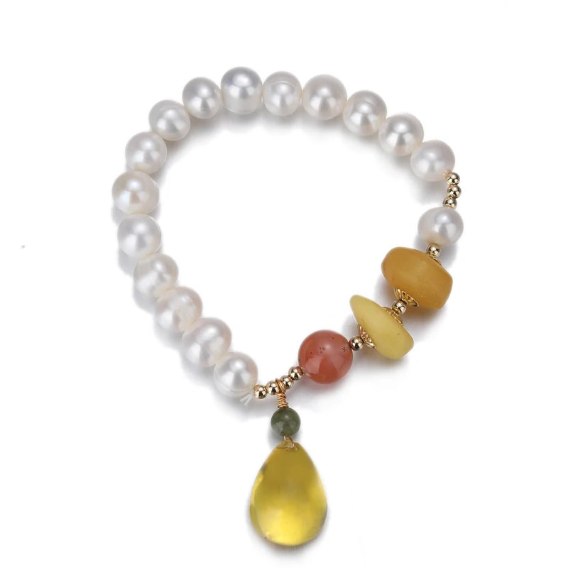 Freshwater Pearl Amber Charm Bracelet Goldfish Beaded Bangle