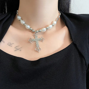 Hip-Hop Retro Pearl Necklace Cross Pendant Chain