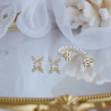 Butterfly Wing Earrings 14k Real Pearl Chain Zircon Stud Jewellery