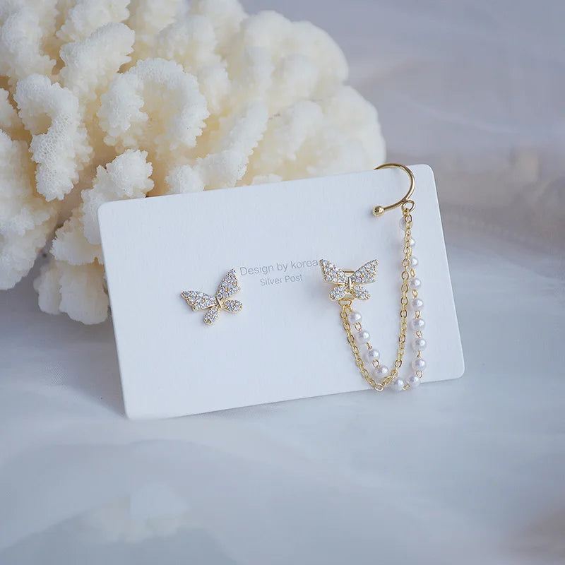 Butterfly Wing Earrings 14k Real Pearl Chain Zircon Stud Jewellery