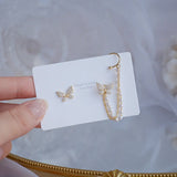 Butterfly Wing Earrings 14k Real Pearl Chain Zircon Stud Jewellery