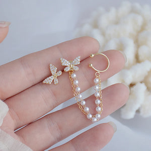Butterfly Wing Earrings 14k Real Pearl Chain Zircon Stud Jewellery