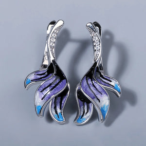 Long Flower Shape Earrings Violet Epoxy Enamel 925 Silver