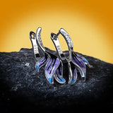 Long Flower Shape Earrings Violet Epoxy Enamel 925 Silver