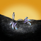 Long Flower Shape Earrings Violet Epoxy Enamel 925 Silver