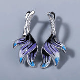 Long Flower Shape Earrings Violet Epoxy Enamel 925 Silver