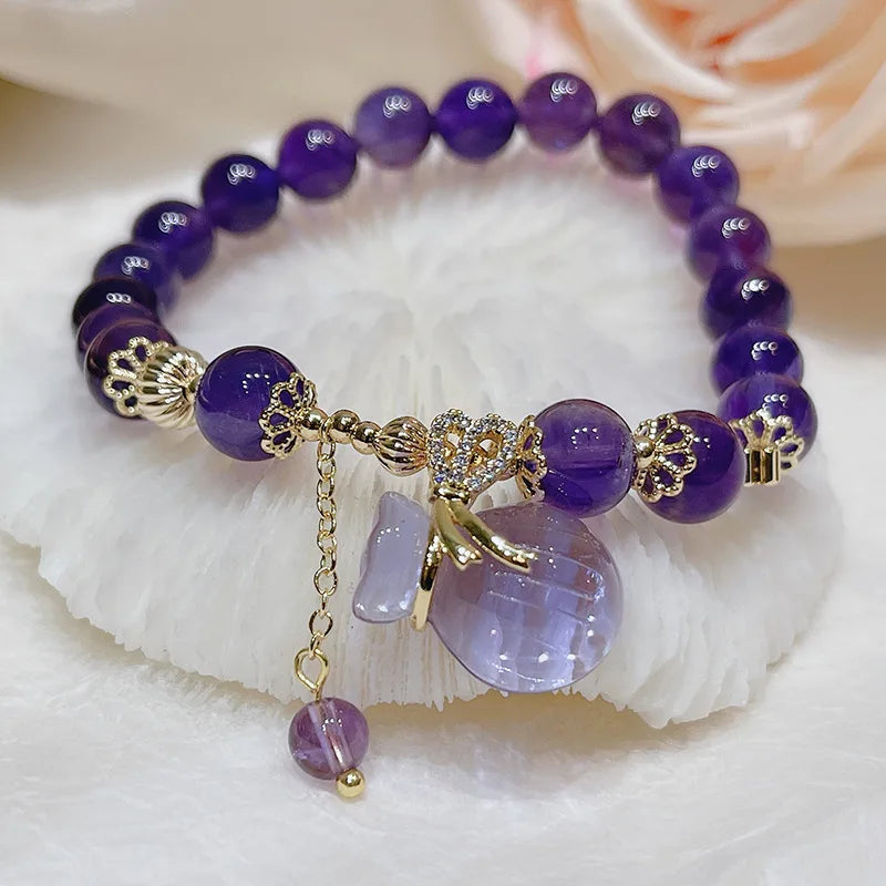 Vintage Amethyst Beaded Bracelet Charm Ring Jewelry for Women