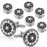 Enamel&Pearl Flower Cufflink and Studs Set with LOGO
