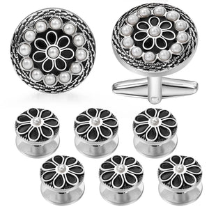 Enamel&Pearl Flower Cufflink and Studs Set with LOGO