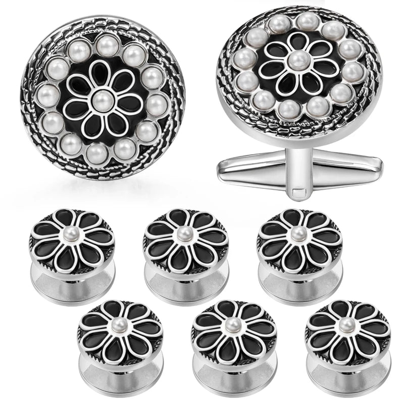 Enamel&Pearl Flower Cufflink and Studs Set with LOGO