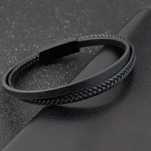 Men's Leather Bracelet Hand-woven Bangle Stainless Steel Vintage