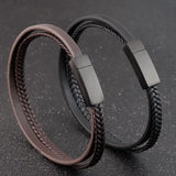 Men's Leather Bracelet Hand-woven Bangle Stainless Steel Vintage