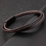 Men's Leather Bracelet Hand-woven Bangle Stainless Steel Vintage