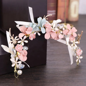 Pink Flower Pearls Tiara Headband Bridal Wedding Hair Accessories