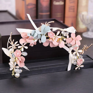Pink Flower Pearls Tiara Headband Bridal Wedding Hair Accessories