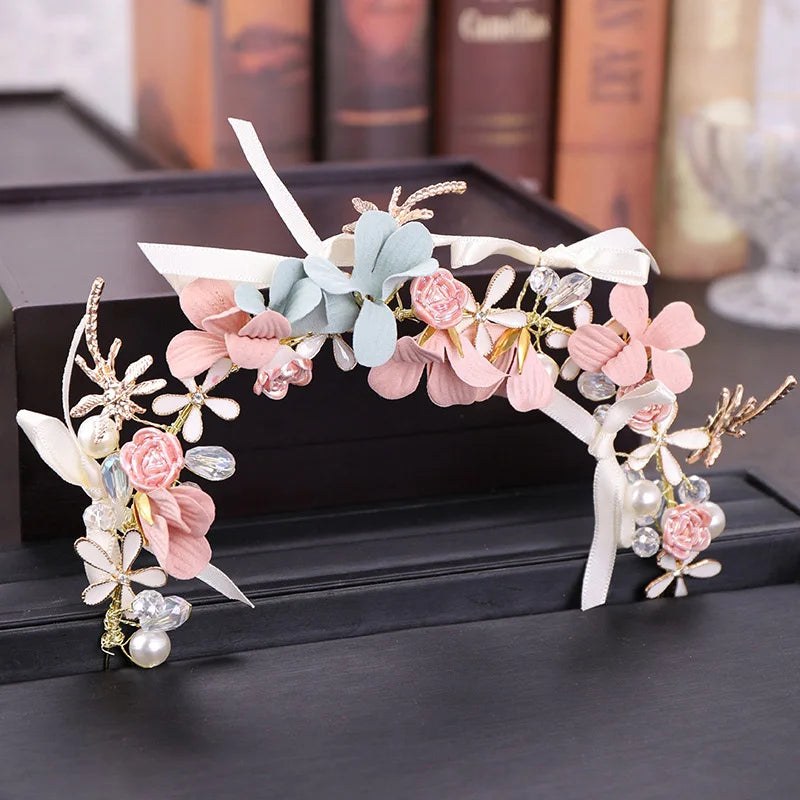 Pink Flower Pearls Tiara Headband Bridal Wedding Hair Accessories