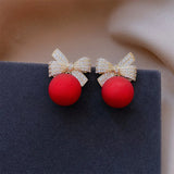 Red Christmas Bow Stud Earrings Rhinestone Bowknot Red Ball Earring