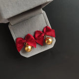 Red Christmas Bow Stud Earrings Rhinestone Bowknot Red Ball Earring