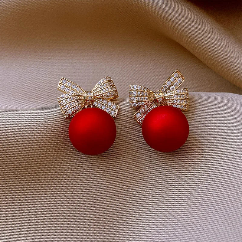 Red Christmas Bow Stud Earrings Rhinestone Bowknot Red Ball Earring